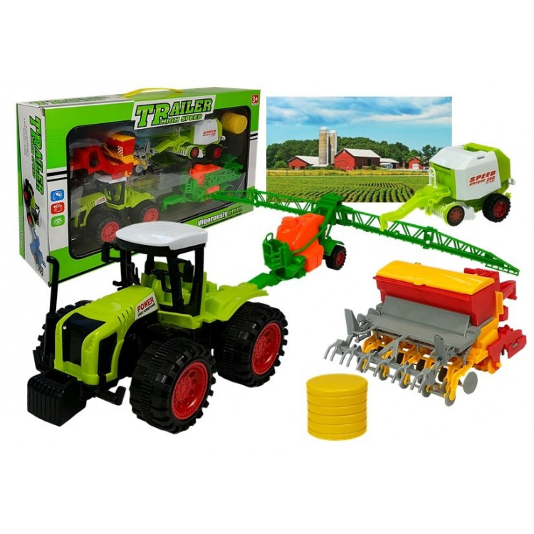Poľnohospodársky traktor s prívesmi zeleno-čierny